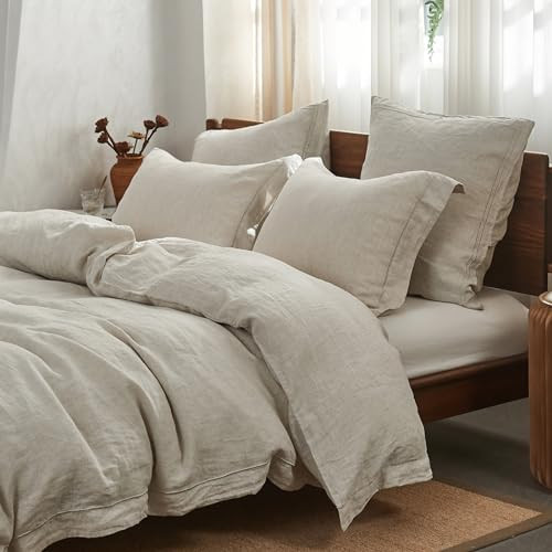 Simple&Opulence 100% Washed Linen Duvet Cover Set with Embroidered,3 Pieces Soft Farmhouse Comforter Set with Button Closure,1 Duvet Cover and 2 Pill