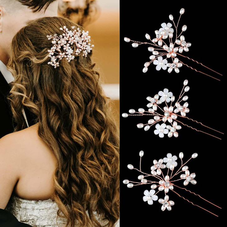 Sppry Elegant Pearl Wedding Hair Pins, Bendable Floral Crystal Hair Accessories for Bridal Women, Pack of 3 (Rose Gold)