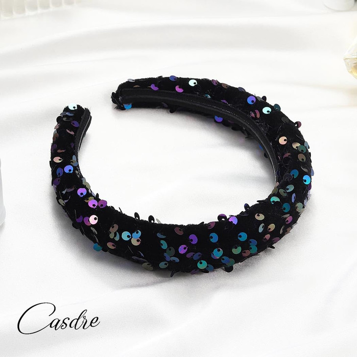 CASDRE Sparkly Sequin Headband Black Wide Fashion Head Bands Party Hair Hoop Accessories for Women