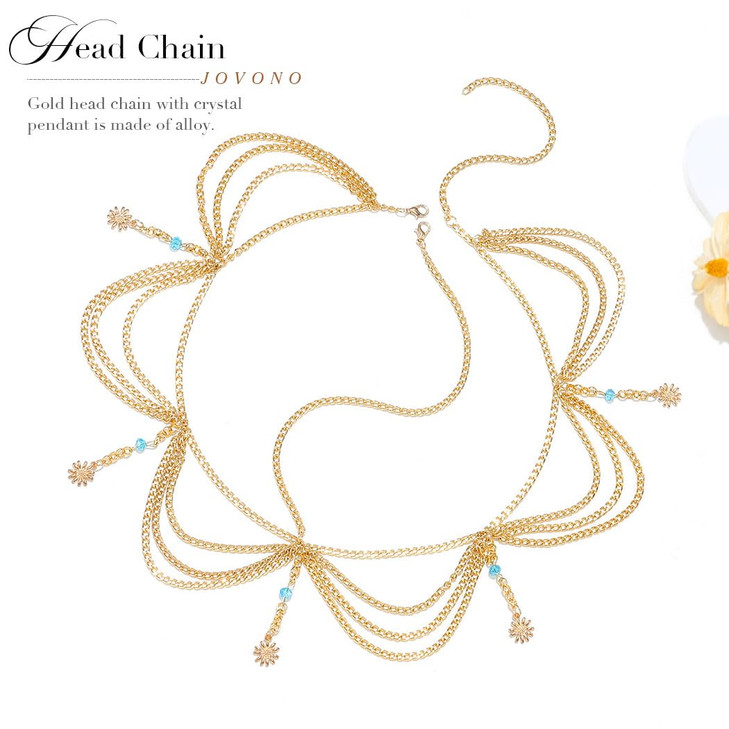Jovono Boho Head Chain Gold Flower Headpiece Tassel Hair Chain Festival Costume Hair Accessories for Women