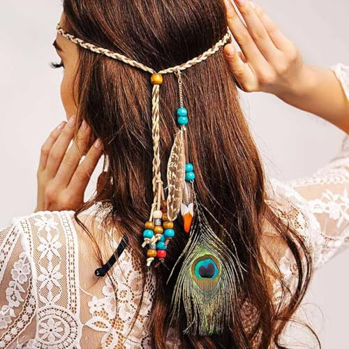 Campsis Indian Princess Peacock Feather Head Chain for Girl, Fashion Headband for Women. (Blue)