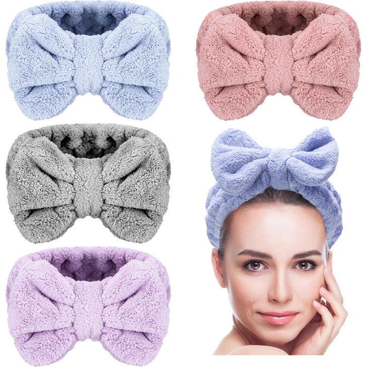 Senkary 4 Pack Makeup Spa Headband Microfiber Bow Towel Soft Fluffy Washing Face Headband for Women Girls Shower Bath Skincare (Pink, Light Blue, Pur