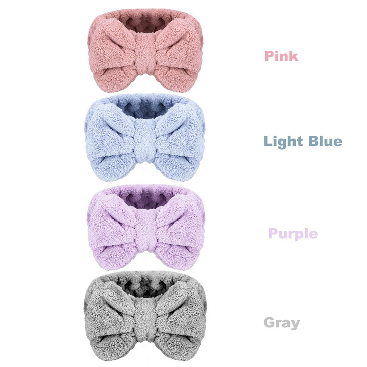 Senkary 4 Pack Makeup Spa Headband Microfiber Bow Towel Soft Fluffy Washing Face Headband for Women Girls Shower Bath Skincare (Pink, Light Blue, Pur