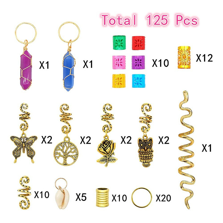 125 Pcs Dreadlocks Loc Hair Jewelry for Women Braids - Crystal Gemstone Pendant and Ring Hair Accessories, Cute Pendants