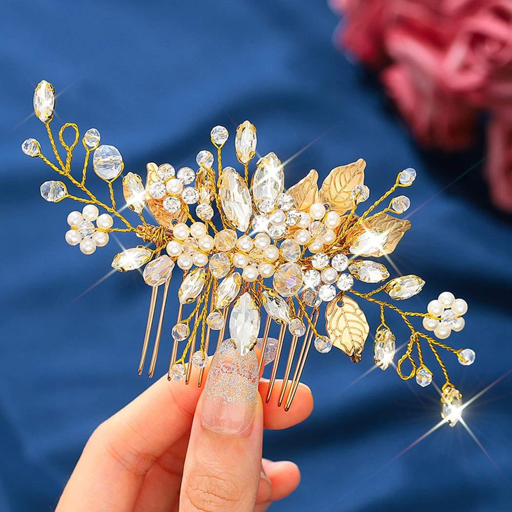 JEAIRTS Crystal Hair Comb Gold Bridal Pearl Headpiece Wedding Hair Accessories for Women