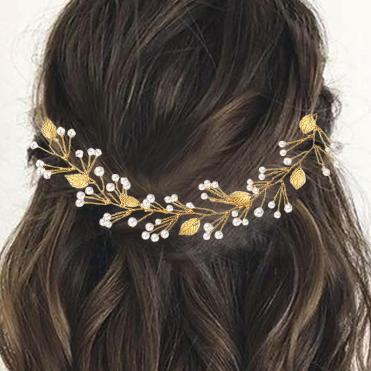 EASEDAILY Leaf Wedding Hair Vine Gold Rhinestone Bridal Headpiece Pearl Hair Accessories for Women and Brides