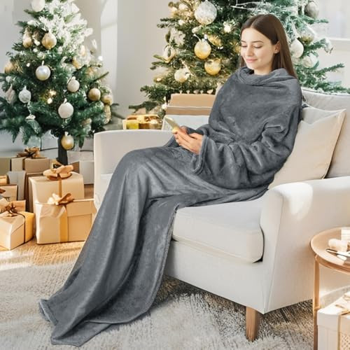 Catalonia Wearable Blanket with Sleeves and Pocket, Cozy Soft Fleece Mink Micro Plush Wrap Throws Blanket Robe for Women and Men, Gift for Her