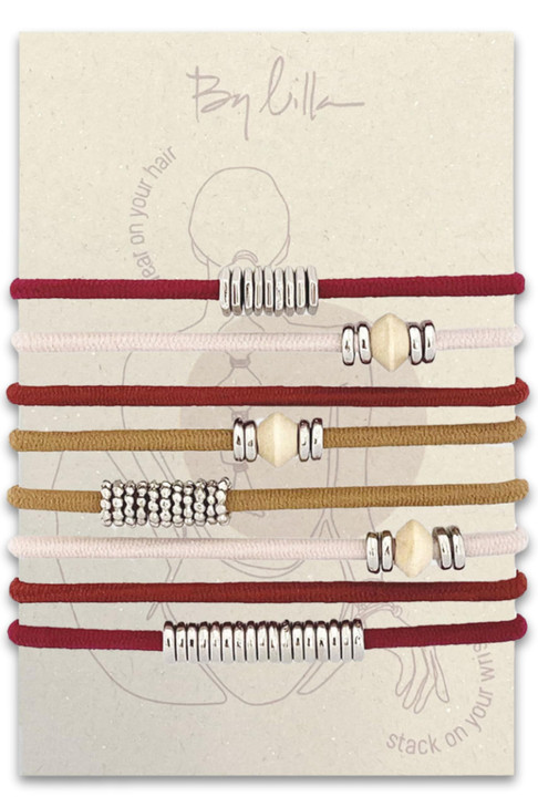 By Lilla Bracelet Hair Ties for Women - Hair Tie Bracelet with Silver Accents - Boho Handmade Jewelry for Wrist and Ponytail (Chili)