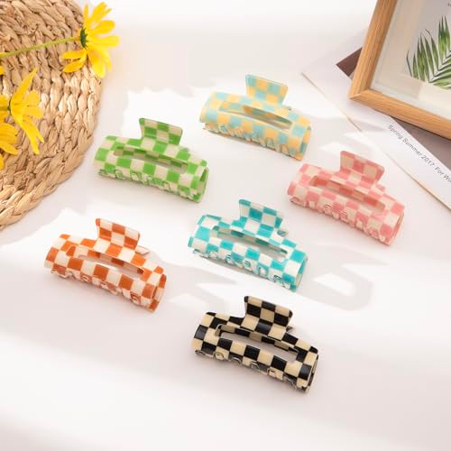 Paderison Checkered Multicolored Rectangle Y2K Hair Barrettes and Claw Clips - 6 Pcs Strong Hold Hair Accessories for Thin & Thick Hair