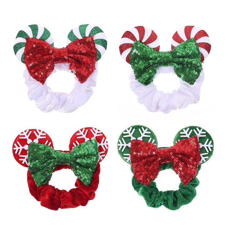 JIAHANG Christmas Velvet Mouse Ear Hair Scrunchies Lollipop Sequins Bow Ponytail Holder Festival Costume Hair Accessories for Women Girls (christmas