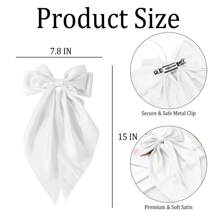 TULOBI 2Pcs Silky Satin Hair Bows for Women with Long Tail Coquette Big Hair Ribbon Hair Clip Aesthetic Hair Accessories - White