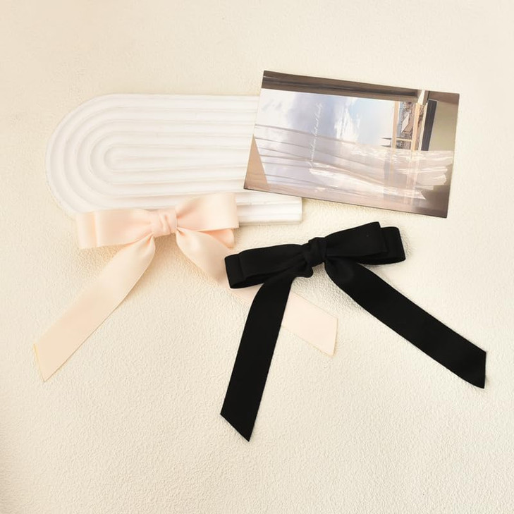 Ribbon Hair Bow Clips for Women and Girls - Black French Barrettes, Large Bowknot Hair Pins and Clips, 2 Pcs