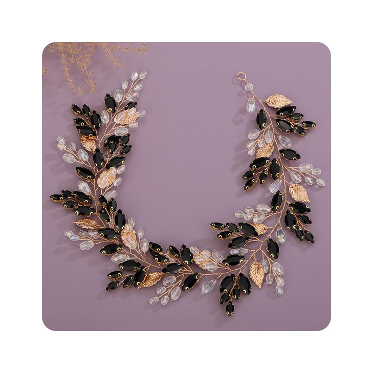 Kercisbeauty Gold Leaves Black Crystal Beads Headpiece for Women Wedding Bridal Hair Bands Boho Handmade Headband Prom (Gold)