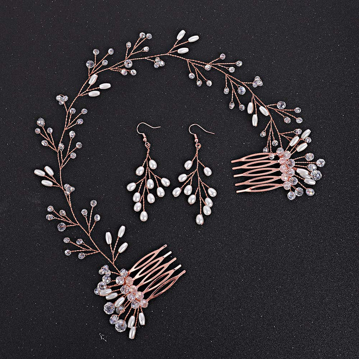 Fxmimior Bride Crystal Hair Vine & Earrings Set, Headband & Wedding Hair Comb - Rose Gold Evening Party Hair Piece