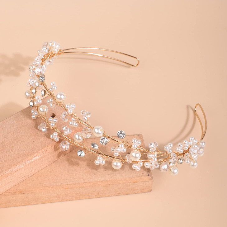 Xerling Golden Crystal Tiara Pearls Rhinestone Headband Layered Hair Band Bride Wedding Floral Hair Accessory Bridal Jewelry