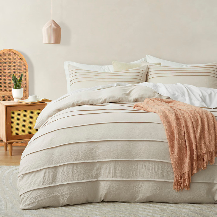 Oli Anderson Beige Duvet Cover Queen Size - Pleated Queen Duvet Cover, 3PCS Soft and Breathable Textured Bedding Set with Zipper Closure(Beige,90"x90