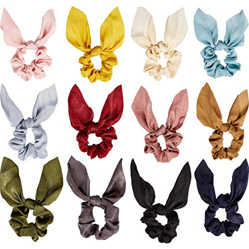 Yaomiao 12 Pieces Bow Hair Scrunchies Bunny Ear Scrunchies for Bow Silk Bowknot Bobbles Elastic Hair Ties Ropes Ponytail Holder for Women(Satin Silk)
