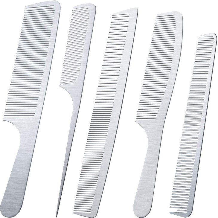 Boao 5 Type Metal Barber Combs Set Stainless Steel Rat Tail Combs Double Tooth Fine Wide Tooth Large Small Handle Hairdressing for Woman Man Long Sho