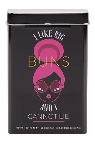 Cricket Hair Accessory Set, I Like Big Buns and I Cannot Lie, 55 PC - Includes 25 Non Metal Hair Ties and 30 Bobby Pins in Reusable Metal Tin, Black