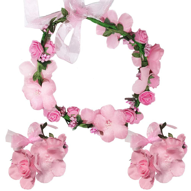 WLBON 3 Pcs Flower Headband Wristbands Rose Floral Leaf Hair Hoops Bands Headpiece Hairband Bracelets Women Xmas Wedding Halloween Parade Hawaiian Co