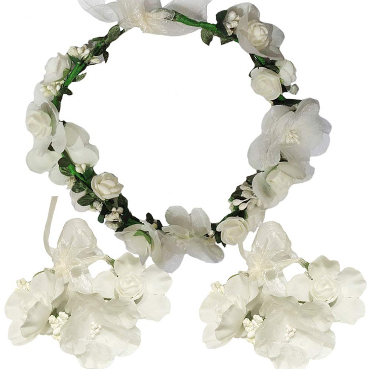 WLBON 3 Pcs Flower Headband Wristbands Rose Floral Leaf Hair Hoops Bands Headpiece Hairband Bracelets Women Xmas Wedding Halloween Parade Hawaiian Co