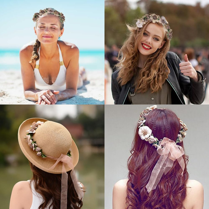 WLBON 3 Pcs Flower Headband Wristbands Rose Floral Leaf Hair Hoops Bands Headpiece Hairband Bracelets Women Xmas Wedding Halloween Parade Hawaiian Co