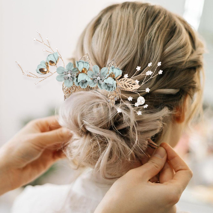 NUOBESTY 4-Piece Sage Green Wedding Hair Comb Set Bridal Hair Accessories with Pearl Floral Leaf Design for Women Special Occasions