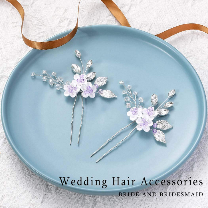 JEAIRTS Flower Wedding Hair Pins Rhinestone Bridal Hair Pieces Sparkly Crystal Hair Accessories for Women(Pack of 2) (A-Purple)