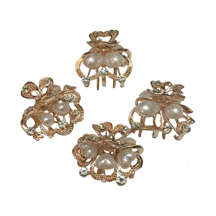 Numblartd Set of 4 Vintage Pearl Rhinestone Alloy Small Size Butterfly Hair Claw Jaw Clips Pins - Women Fashion Chic Hair Updo Grip Hair Catch Clamp