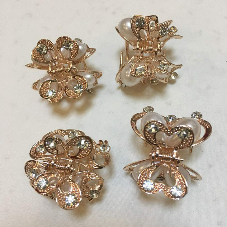 Numblartd Set of 4 Vintage Pearl Rhinestone Alloy Small Size Butterfly Hair Claw Jaw Clips Pins - Women Fashion Chic Hair Updo Grip Hair Catch Clamp