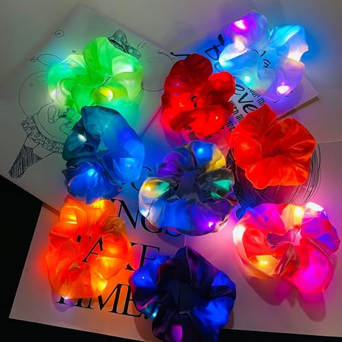 9 PCS Light Up Scrunchies, Colorful Elastic Hair Ties with 3 Light Modes (NO ZIPPER), Party Hair Bands, Glow in Dark Supplies, Hair Accessories for G