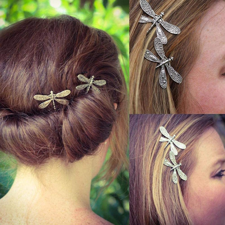 2Pcs Silver Dragonfly Hair Clip, Pins Hairpins French Barrette Bridal Headdress Wedding Retro Antique Silver Color Accessories Hair Styling Pins,Hair