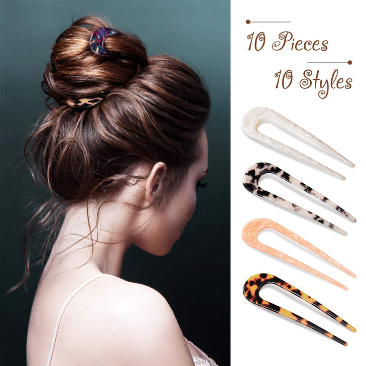 WILLBOND 10 Pcs U Shaped French Hair Pins Tortoise Shell Hair Forks 4" Cellulose Acetate Updo Sticks for Women Chignon Vintage Hairstyle Accessories