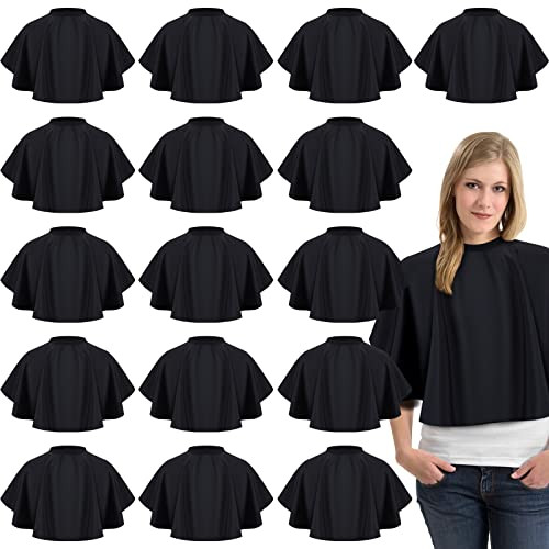 Wesiti 16 Pcs Short Makeup Cape for Women Men Black Waterproof Nylon Hair Cutting Cape, Salon Hair Apron Beard Shorty Smock for Clients Lightweight M
