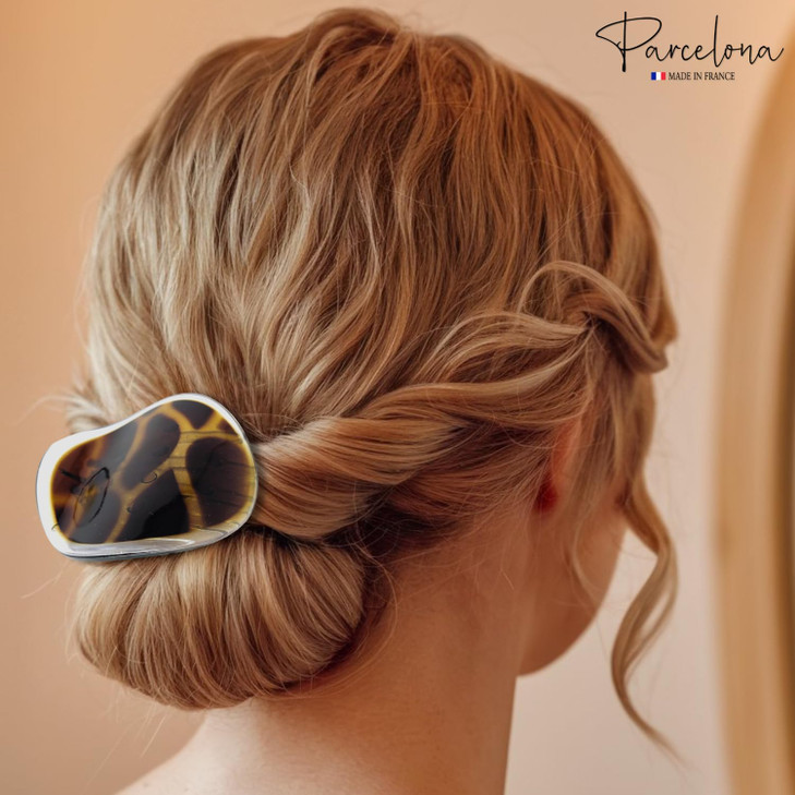 Parcelona France Onde Crystal Brown Tortoise Shell Celluloid Side Slide in Secure Grip Duck Fine Hair Claw for Yoga -2 3/4 Inch