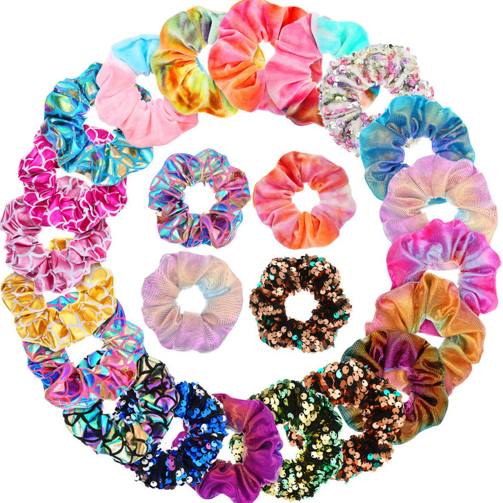 WILLBOND 20 Pcs Sequin Scrunchies Shiny Metallic Hair Tie Bands Sparkly Ropes Mermaid Elastic Scrunchy Glitter Colors Rainbow Ponytail Holder Hair Ac
