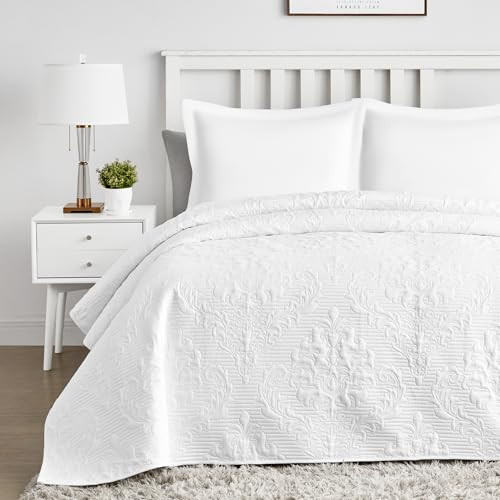 Hansleep White Quilt Queen Size - Damask Ultrasonic Summer Bedspread Queen, Soft Lightweight Coverlet Bedding Set, 3 Pieces (1 Quilt, 2 Pillow Shams)