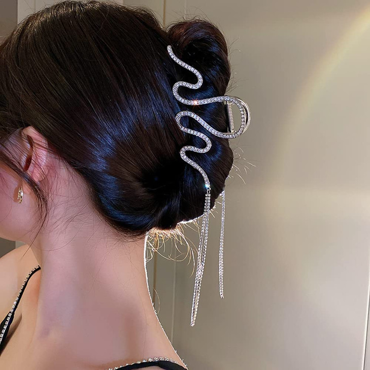 Jumwrit Large Rhinestone Hair Clip - Strong Metal Wave Clip With Long Tassel Chain and Non-Slip Clamp for Thick Hair (Silver)