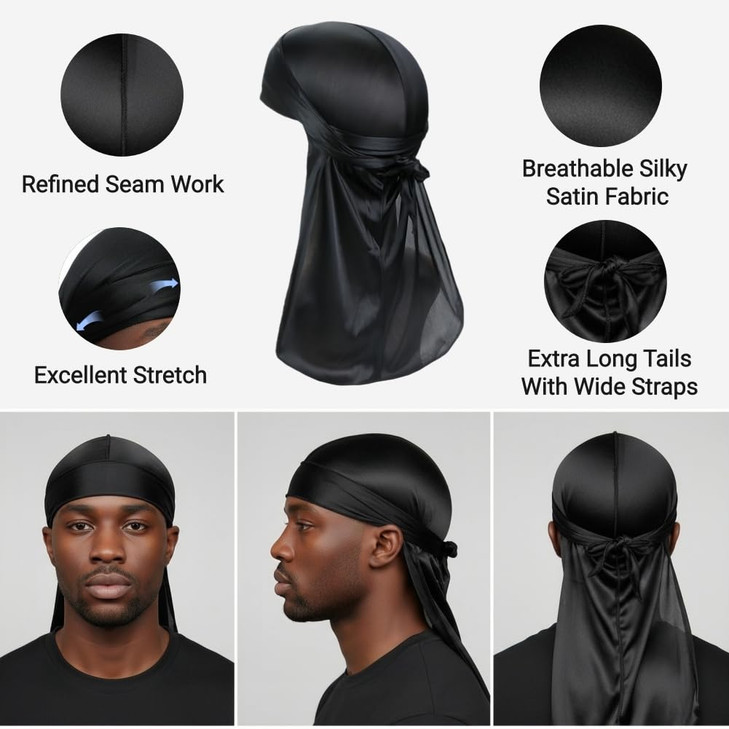 Black Silky Satin Durags for Men Women Durag Silk Satin Du Rags Long Tail Do Rag Cap Designer Doo Rags Cap Headwrap for Waves