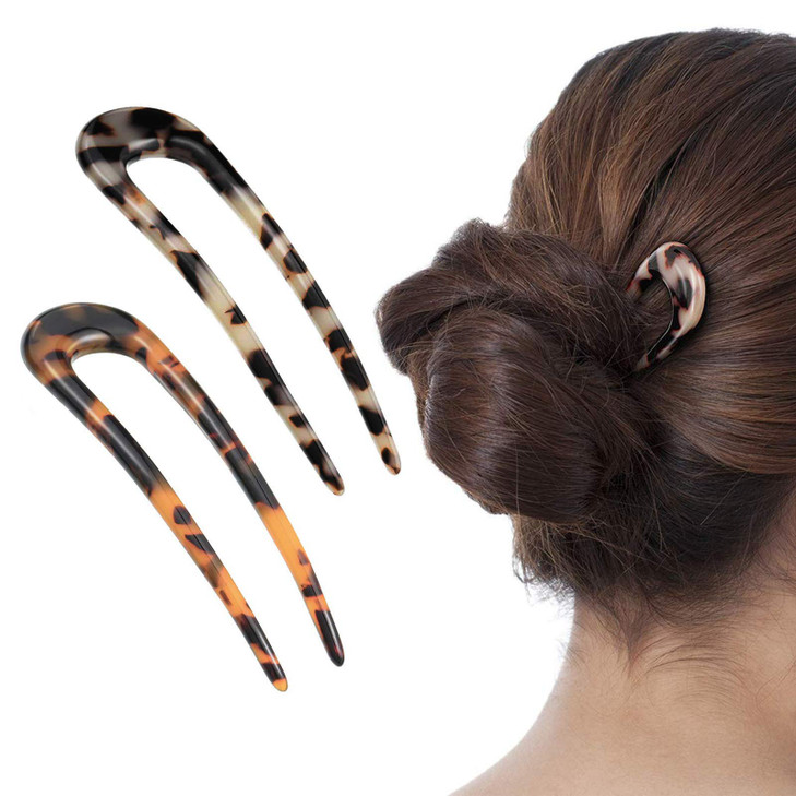 2 Pack Benefree French Style Cellulose Acetate Tortoise Shell U Shaped 4.7 inch Hair Pins Fork 2 Prong Updo Chignon Pin for Women Girls Hairstyle Acc