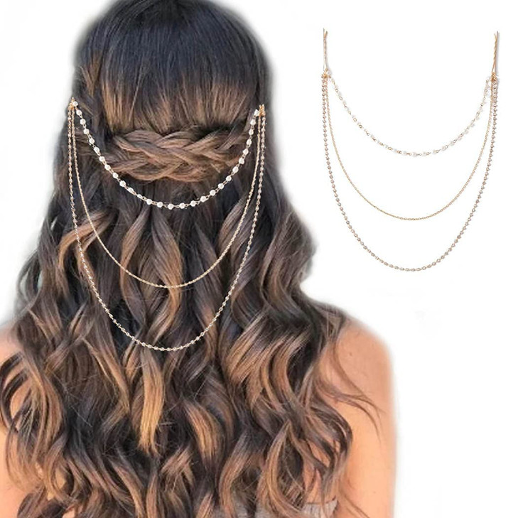 BeeSpring Crystal Head Chain Jewelry Pearl Gold Hair Bridal Headpiece Hair Accessories for Women