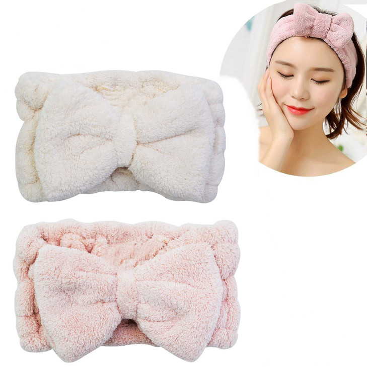 Chloven 2 Pack Microfiber Bowtie Headbands Facial Makeup Headband Cosmetic Bowknot Hairlace Wash Spa Yoga Sports Shower Adjustable Elastic Hair Band