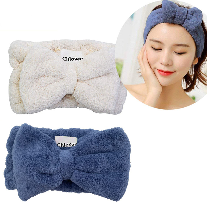 Chloven 2 Pack Microfiber Bowtie Headbands Facial Makeup Headband Cosmetic Bowknot Hairlace Wash Spa Yoga Sports Shower Adjustable Elastic Hair Band
