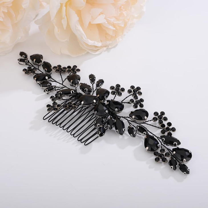 Teyglen Bridal Black Crystal Hair Comb Flower Wedding Hair Side Comb Vintage Black Flower Crystal Rhinestone Hair Pieces for Bride Floral Headpieces