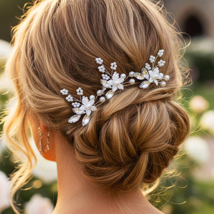 Heread Crystal Bride Wedding Hair Pins Silver Flower Bridal Hair Pieces Pearl Hair Accessories for Women and Girls (Pack of 3) (A Silver)