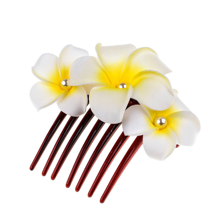 Love Sweety Hawaiian Plumeria Pearl Hair Clips Women Side Comb Flower Barrettes for Beach Party (Comb White)