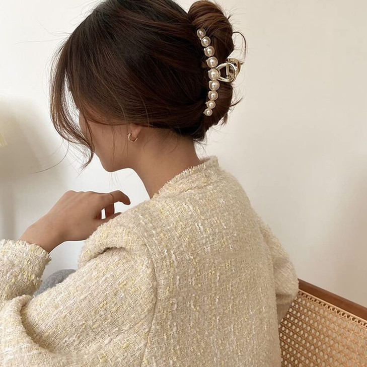 Metal Rhinestone Hair Claw Clips Imitation Pearl Hair Jaw Clips Non Slip Barrettes Hair Clasps Accessories for Women Ladies (2 Pack)