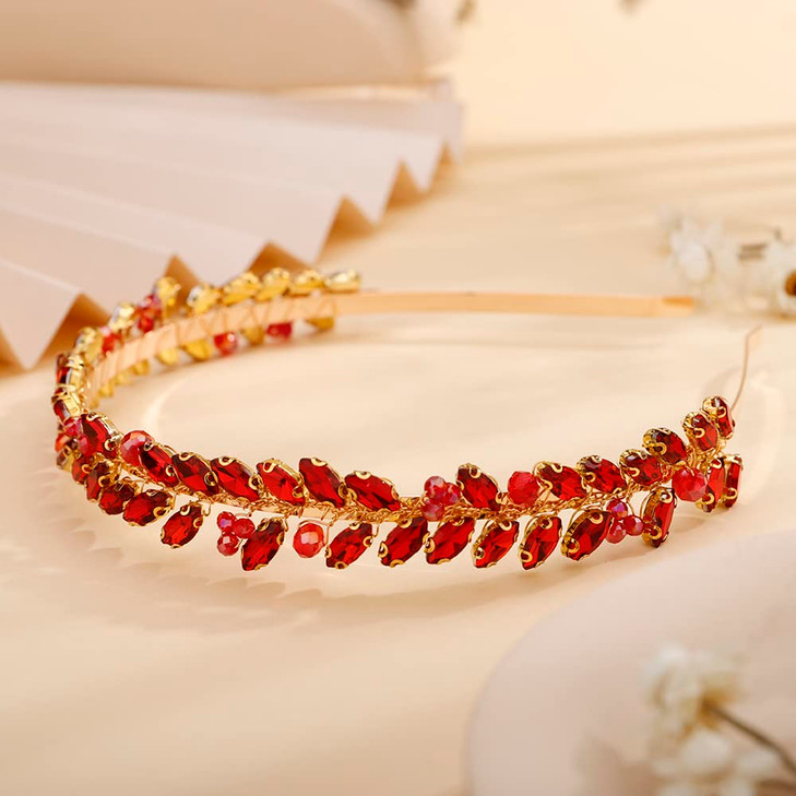 Teyglen Handmade Bridal Full Red Rhinestone Crystal Headband Hair Band for Women Wedding Hair Accessories(Red)