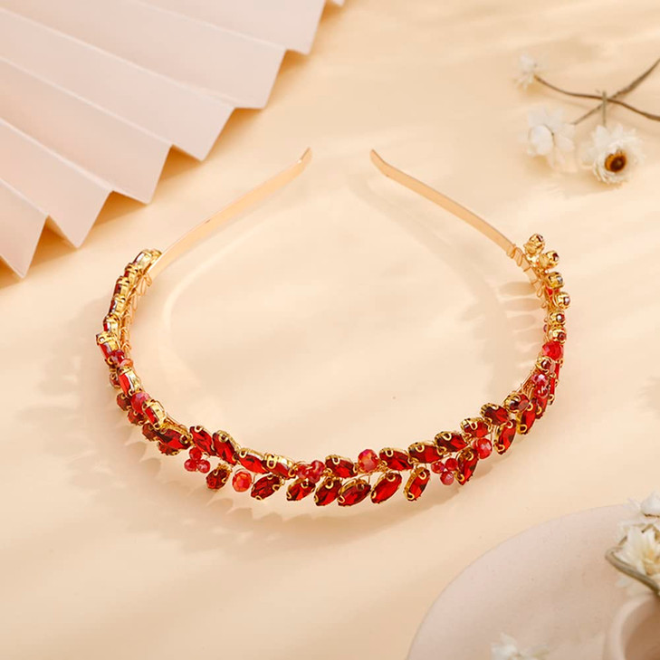 Teyglen Handmade Bridal Full Red Rhinestone Crystal Headband Hair Band for Women Wedding Hair Accessories(Red)
