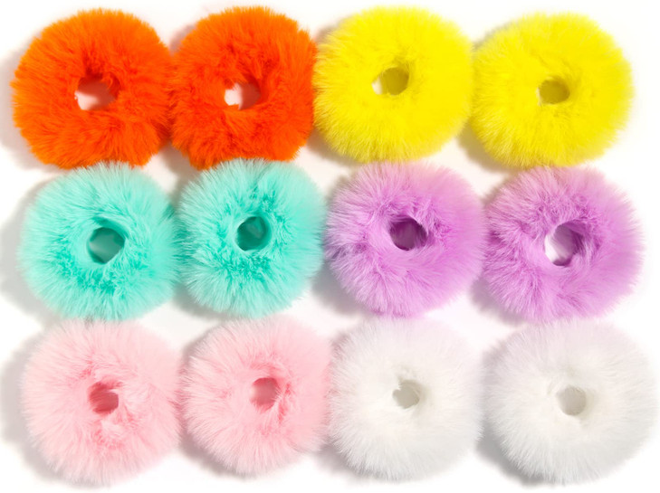 Fuzzy Furry Faux Rabbit Fur Hair Band, Rope Wristband, Ponytail Holder Hair Ring and Hair Accessories - 12pcs Colorful